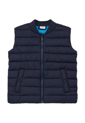 Mørkeblå polstret vest med lynlås fortil, ribbede krave, to sidelommer og en glat tekstur. Foringen har en klar blå farve.