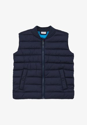 Marineblauwe gewatteerde vest met een rits aan de voorkant, geribbelde kraag, twee zijzakken en een soepele textuur. De voering heeft een heldere blauwe kleur.