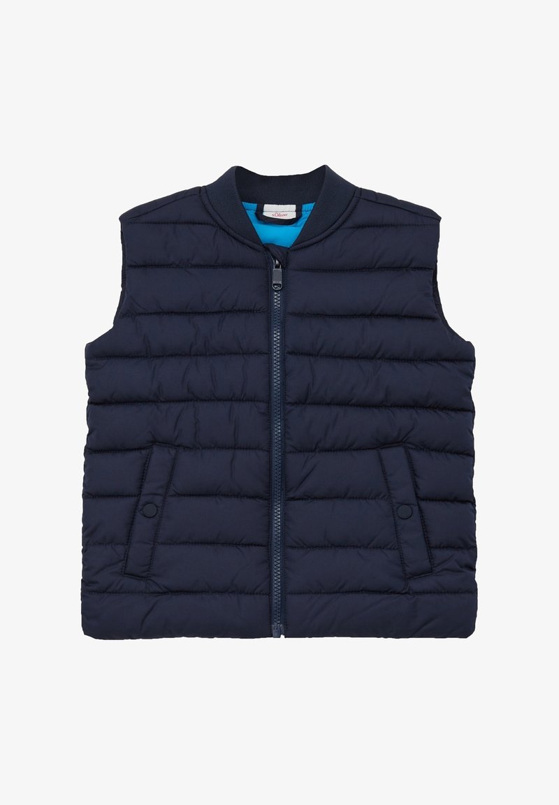 Gilet matelassé bleu marine avec fermeture éclair à l'avant, col côtelé, deux poches latérales et une texture lisse. La doublure est d'une couleur bleu vif.