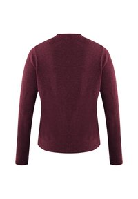 Burgundské pletené svetr s dlouhými rukávy, kulatým výstřihem, žebrovaným lemem a hladkou texturou. Jednoduchý design, bez viditelných vzorů nebo ozdob.