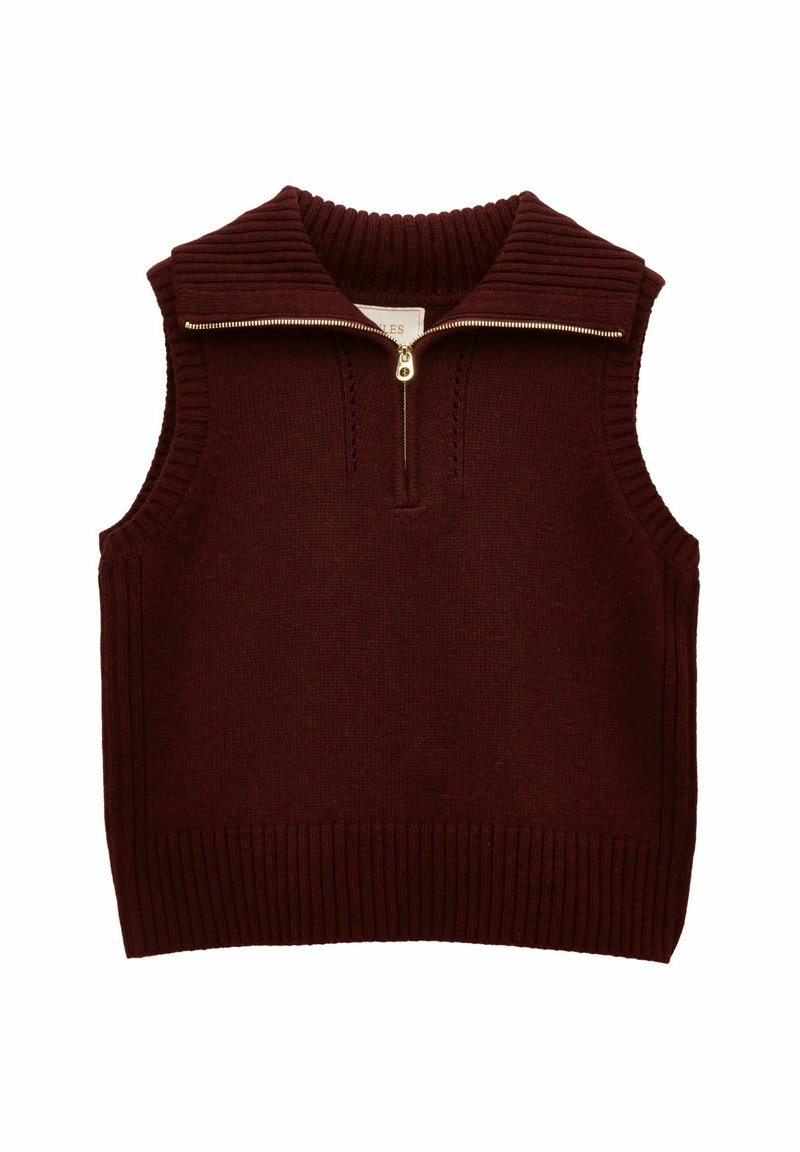 Gilet en maille rouge foncé sans manches avec col, ourlet et emmanchures côtelés, doté d'une fermeture éclair dorée à l'avant jusqu'à mi-poitrine.