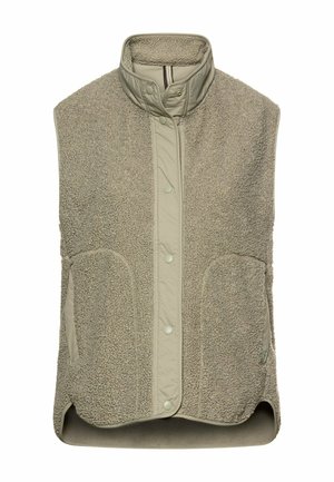 Beige ærmeløs fleecevest med høj krave, trykknaplukning og to forlommer, designet til varme og afslappet brug.