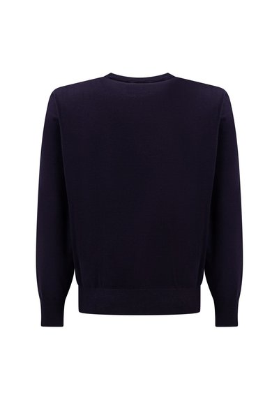 Maglione blu navy con scollatura rotonda, maniche lunghe e polsini e orlo a coste. Tessuto liscio, design semplice senza motivi visibili.