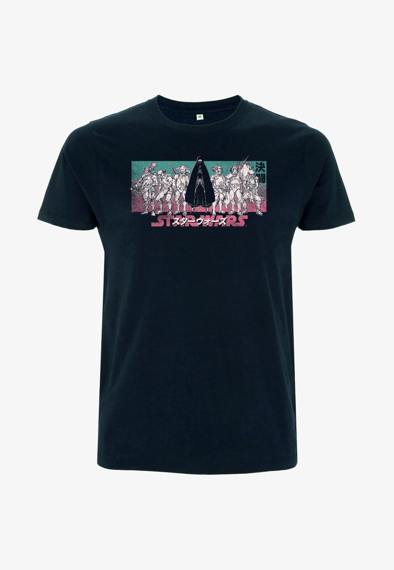 Svart bomullströja med en grafisk tryck av stiliserade figurer med en hänförd figur i mitten och texten "STARS" i rosa.