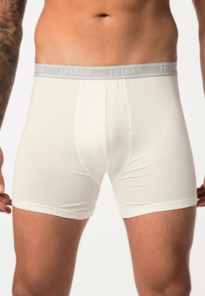 Caleçons en coton blanc avec une ceinture élastique grise portant le texte "JP1880". Texture lisse et design ajusté, offrant une couverture complète.