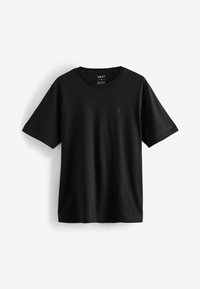 Sort bomulds T-shirt med korte ærmer, rund hals og en diskret logo detalje på brystet. Glat tekstur, regular fit, enkelt design.