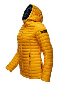 Yellow insulated jacket with hood, horizontal quilted texture, zippered side pockets, and contrasting black lining. Logo on left sleeve.