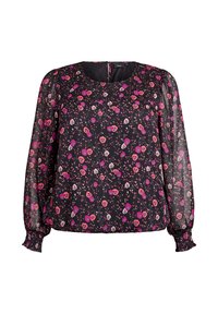 Schwarze durchsichtige Bluse mit langen Ärmeln, pink-lila Blumenmuster, gerüschten Bündchen, rundem Ausschnitt und lockerer Passform.