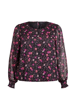 Schwarze durchsichtige Bluse mit langen Ärmeln, pink-lila Blumenmuster, gerüschten Bündchen, rundem Ausschnitt und lockerer Passform.