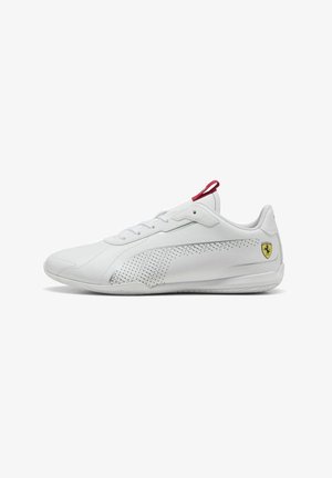 White athletic shoes with a smooth leather upper, perforated accents, a red heel tab, and a yellow Ferrari logo on the side.