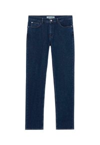 Jeans in denim blu scuro con una vestibilità slim, design a cinque tasche e un girovita classico, dotati di chiusura a bottone e dettagli di cucitura sottili.