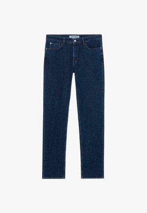 Dunkelblaues Denim-Jeans mit Slim-Fit, fünf Taschen-Design und klassischem Bund, ausgestattet mit einem Knopfverschluss und subtilen Steppdetails.