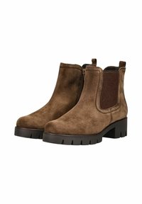 Bottines en daim marron avec un bout arrondi, des panneaux élastiques sur les côtés, un talon bloc et une semelle en caoutchouc texturé. Finition lisse et douce.
