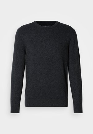 Maglione a maglia grigio scuro con maniche lunghe, collo rotondo, polsini e orlo a coste. Tessuto liscio con leggera variazione di colore. Senza motivi distinti.