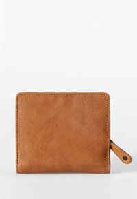 Brown leather wallet with a soft texture, rectangular shape, visible stitching, and a side zipper pull. Minimalist design and no patterns.