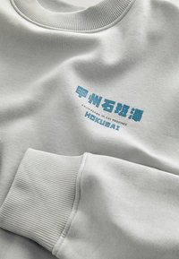 Světle šedá mikina s žebrovaným límcem a manžetami, na hrudi s modrým japonským textem a nápisem "Kajikazawa v provincii Kai Hokusai".