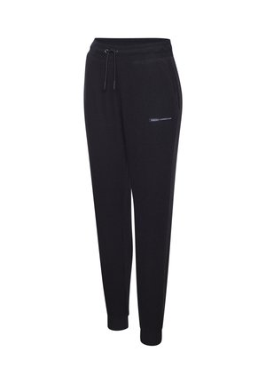 Schwarze Jogginghose aus weichem Stoff, ausgestattet mit einem elastischen Bund und Kordelzug, seitlichen Taschen und gerippten Bündchen. Branding-Detail sichtbar.