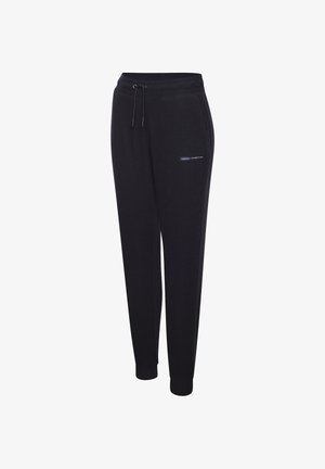 Schwarze Jogginghose aus weichem Stoff, ausgestattet mit einem elastischen Bund und Kordelzug, seitlichen Taschen und gerippten Bündchen. Branding-Detail sichtbar.
