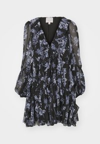 Robe longue noire transparente à manches longues avec motif floral bleu, encolure en V volantée et ourlet de jupe froncé.