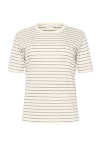Gestreept t-shirt in cream en lichtgrijs. Korte mouwen, ronde hals, gemaakt van zachte katoen, minimalistisch ontwerp, met horizontale strepen.