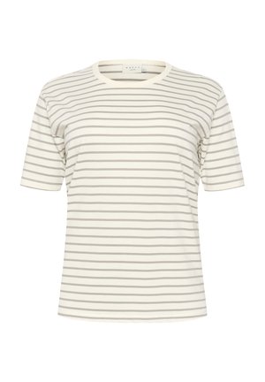 Striped t-shirt in cream and light gray. Short sleeves, round neck, soft cotton material, minimalistic design, with horizontal stripes.