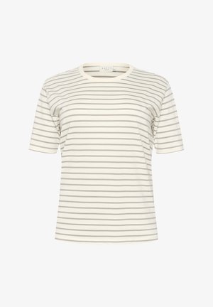 T-shirt rayée en crème et gris clair. Manches courtes, col rond, en coton doux, design minimaliste, avec des rayures horizontales.