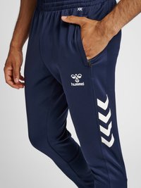 Man wearing navy blue Hummel track pants with zipped side pocket and white chevron logo on the thigh. Hand partially inside pocket.