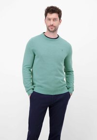 Męski sweter dzianinowy w miękkim zielonym kolorze, z okrągłym dekoltem, ściągaczami na mankietach oraz małym logo na piersi. Gładka faktura, casualowy fason.