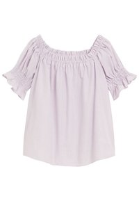Blusa lilla off-the-shoulder con maniche corte a volant e scollatura smock. Presenta delicate strisce verticali e una vestibilità rilassata.