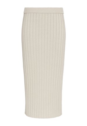 Gebreide midi-rok in lichtbeige met verticale geribbelde textuur, voorzien van een getailleerde pasvorm en een gladde tailleband, zonder zichtbare sluitingen.