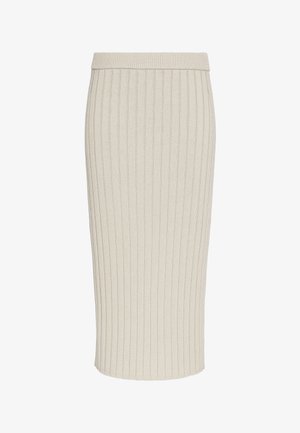 Gebreide midi-rok in lichtbeige met verticale geribbelde textuur, voorzien van een getailleerde pasvorm en een gladde tailleband, zonder zichtbare sluitingen.