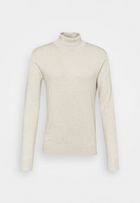 Beige polotröja, långa ärmar, mjuk textur, kroppsnära design, ribbade midja och ärmslut, minimal logotyp framtill.