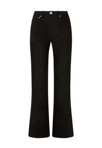 Pantalones de campana negros hechos de una mezcla de algodón. Talle medio con diseño de cinco bolsillos y botones y remaches en tono plateado. Textura suave y ajuste entallado.