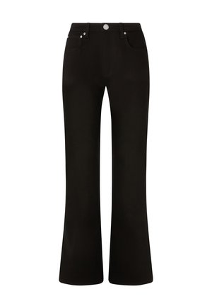 Pantaloni neri a zampa d'elefante realizzati in tessuto misto cotone. Vita media con design a cinque tasche e bottoni e rivetti in tonalità argentata. Texture liscia e fit su misura.