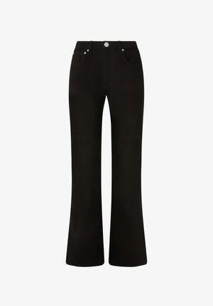 Pantaloni neri a zampa d'elefante realizzati in tessuto misto cotone. Vita media con design a cinque tasche e bottoni e rivetti in tonalità argentata. Texture liscia e fit su misura.