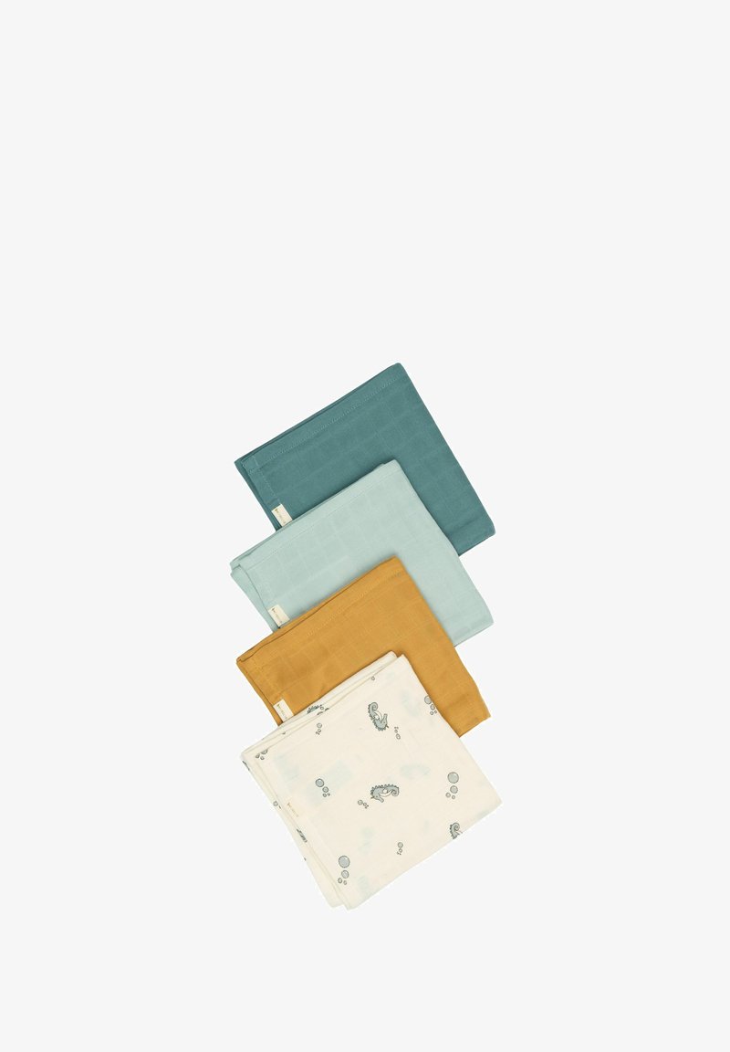 Set di quattro panni in cotone mussola nei colori teal, azzurro chiaro, senape e crema con un motivo di cavallucci marini. Texture morbida, bordi orlati.