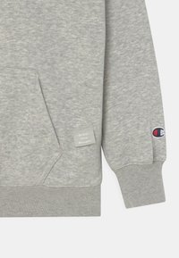 Felpa grigia con una texture morbida, dotata di tasca frontale, polsini a costine e un'etichetta con la scritta "Sii il tuo campione" sul lato.