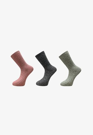 Set of three socks in pink, black, and green. Each features a ribbed texture and ankle-length design for a snug fit.