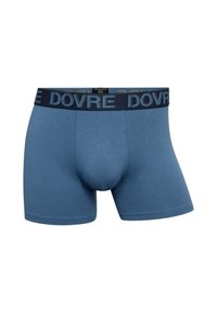 Blå boxershorts med en blød tekstur, et tætsiddende design og en kontrasterende mørk talje med mærkenavnet "DOVRE" i lyse bogstaver.