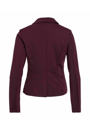Blazer aderente bordeaux con maniche lunghe, colletto a risvolto e cuciture posteriori. Texture liscia, design su misura e dettagli di cucitura discreti.