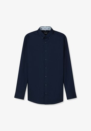 Dunkelblaues, langärmeliges Hemd mit durchgehender Knopfleiste, Button-Down-Kragen und hellblauem Innenkragen mit kleinem Tennis-Schläger-Muster.