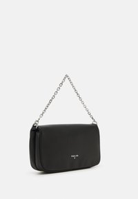 Black faux leather shoulder bag with a silver chain strap, rectangular shape, embossed logo detailing, smooth texture.