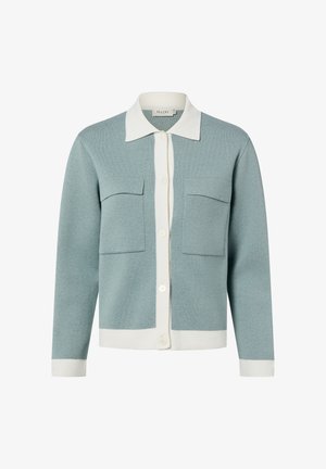 Cardigan azzurro chiaro con colletto bianco e patta con bottoni. Presenta due grandi tasche sul petto e polsini a coste. Tessuto morbido a maglia.