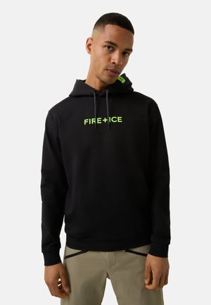 Black sweatshirt with hood and logo "FIRE+ICE" in neon green. Features drawstring and ribbed cuffs. Simple, modern design with a relaxed fit.