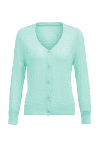 Cardigan verde menta deschis cu decolteu în V, mâneci lungi și șase nasturi. Material tricotat texturat cu un model subtil.