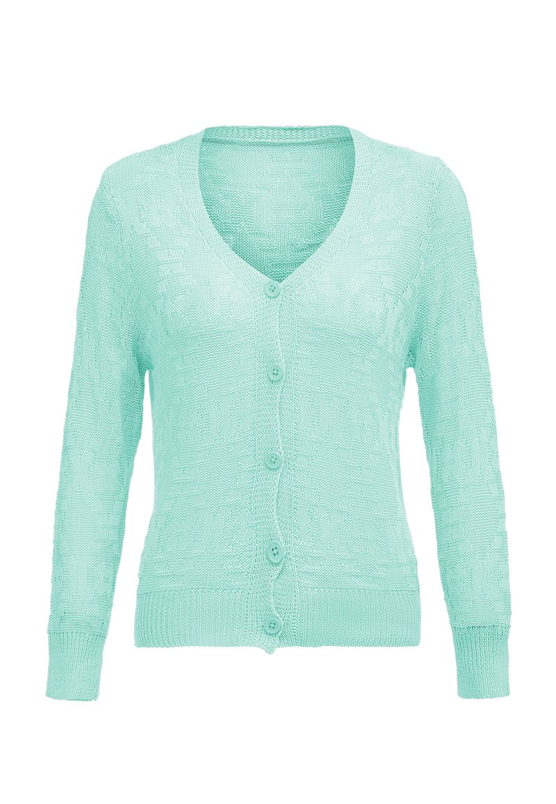 Cardigan verde menta deschis cu decolteu în V, mâneci lungi și șase nasturi. Material tricotat texturat cu un model subtil.