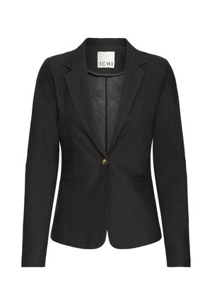 Zwarte blazer met een gestructureerd ontwerp, sluiting met één knoop en twee voorzakken, gemaakt van een gladde, licht gestructureerde stof.