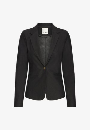 Zwarte blazer met een gestructureerd ontwerp, sluiting met één knoop en twee voorzakken, gemaakt van een gladde, licht gestructureerde stof.