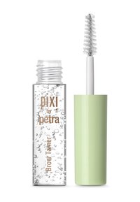 Bouteille cylindrique claire contenant un liquide translucide, rehaussé par du texte doré. Capuchon vert avec une brosse applicatrice blanche ressemblant à celle d'un mascara.