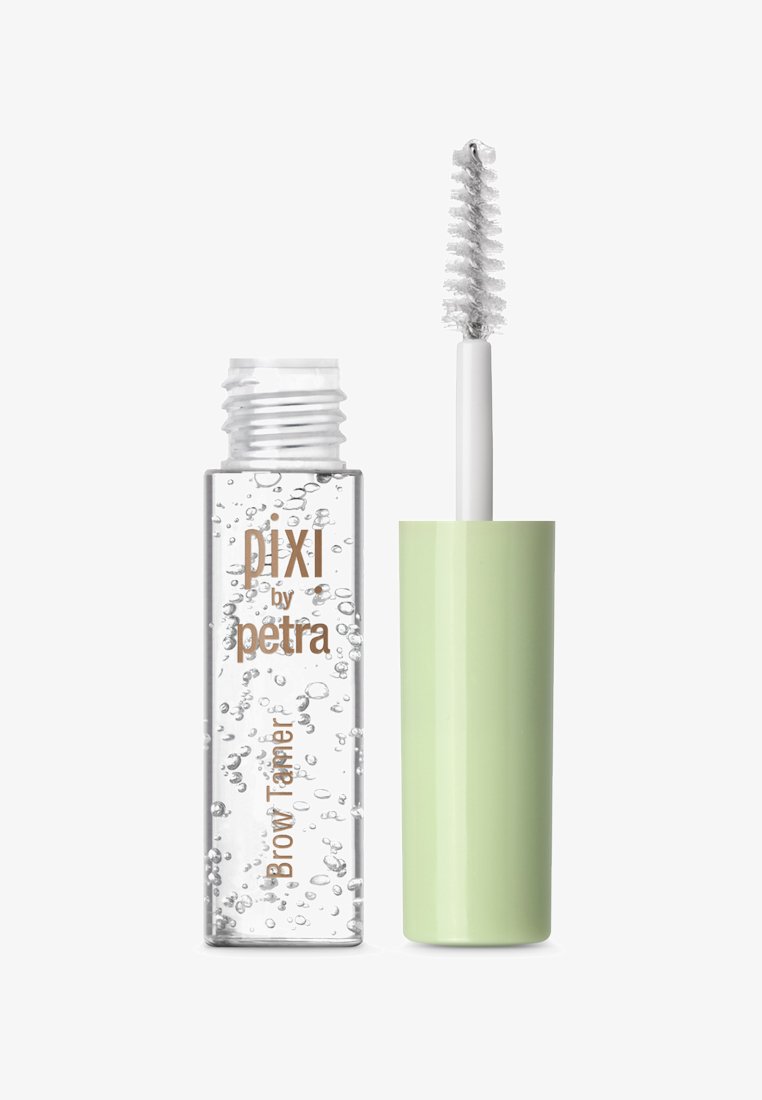 Clear, cylindrical bottle with a translucent liquid, accented by gold text. Green cap with a white mascara-like applicator brush.
